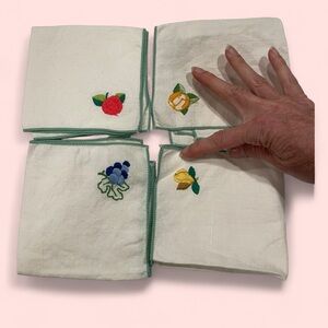 Vintage 50’s? Linen hand embroidered green trim fruit napkins hand embroidered